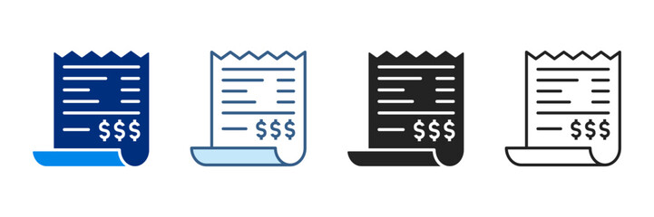 Receipt Icon Set Various Styles Vector Illustrations With Dollar Currency.