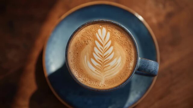 Blue cup of latte with leaf-shaped latte art on top, set on a matching blue saucer.
