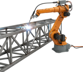 An industrial robotic arm with an attached welding torch precisely joins metal beams emitting bright sparks and light manufacturing automation construction