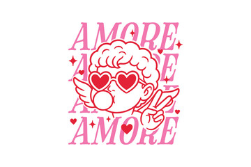 Amore, Cool Retro Cupid Angel Blowing Bubble Gum for Valentine's Day Typography T Shirt Design