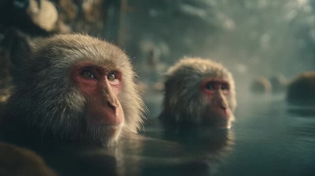 Two Japanese macaques soaking in a steaming hot spring.