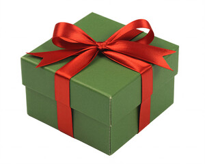 Fototapeta premium Green gift box with red ribbon and bow, isolated on white background