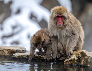 Snow monkeys by a hot spring