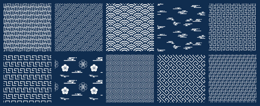 Japanese pattern set, blue geometric background, wallpaper