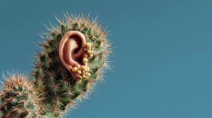 Close up of an ear growing alien-like from a cactus. Idea of listening to nature or the environment. Surreal abstract concept for environmental awareness.