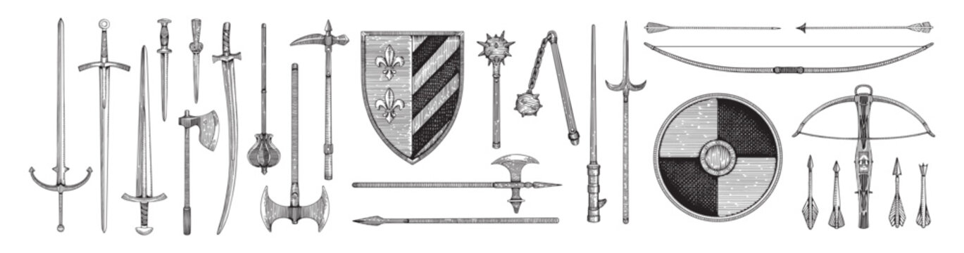 Engraved set of ancient weapons. Different drawing medieval armours swords, daggers, knives, axes and bows with arrows. Old armaments of knights. Hand drawn vector illustrations on white background