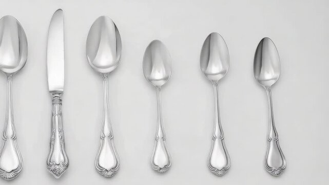 A row of polished cutlery forks, knives, and spoons lined up in a neat display.