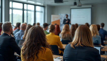 Audience listens attentively during a business conference presentation