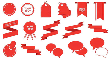 Red sale labels, ribbons, bubbles and graphic shapes for retail promotion