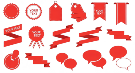 Red sale labels, ribbons, bubbles and graphic shapes for retail promotion