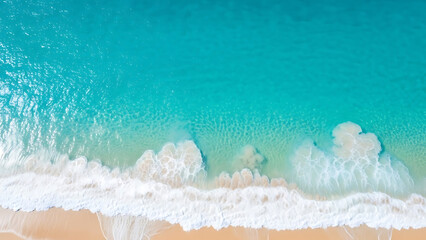 Fototapeta premium Turquoise Ocean Waves Crashing On Sandy Beach Aerial View