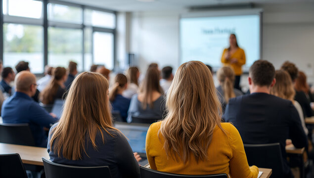 Students attentively listen to a presentation in a bright, modern lecture hall setting
