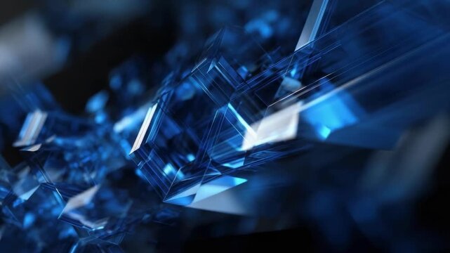 Close-up of blue crystal shards sparkling with faceted, glassy shapes.