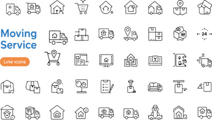 Moving house services icons set vector. Moving Service Line Icon Pack. Storehouse box. Cargo move icon