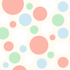 ドット柄のおしゃれなデザインペーパー背景（パステルカラー）ー ミントグリーン、コーラルピンク、ブルーの丸が並ぶ柔らかなテイスト。ポストカード、マスキングシール、フレークシール、手帳デコ素材に最適。ノート表紙、ハンカチ、ミニタオル、ポーチ、キッチン雑貨（箸・キッチンクロス・カラトリー）、文房具（ボールペン、ペンケース）にも。
