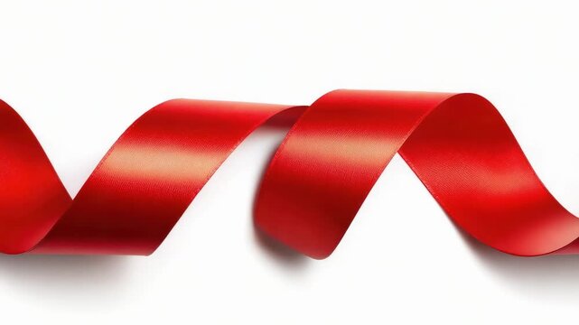 A shiny red ribbon curling into a sinuous wave across a white background.