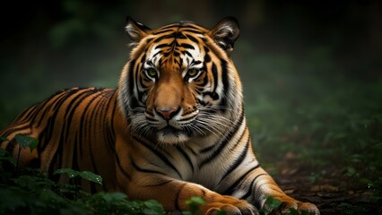 Fototapeta premium Majestic Bengal Tiger Lying in Lush Greenery