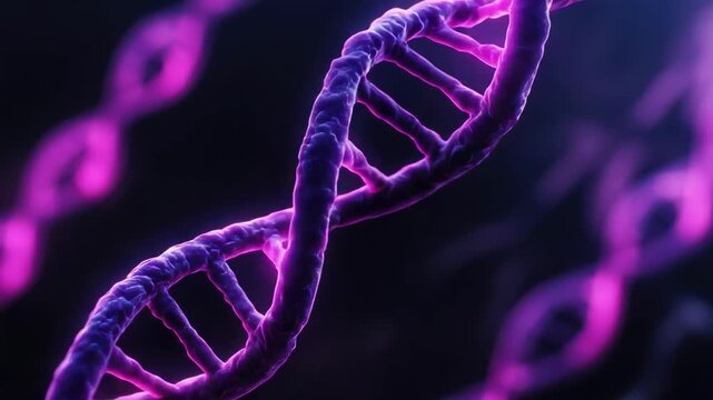 Close-up of a purple DNA double helix, two intertwined strands with visible base pairs.