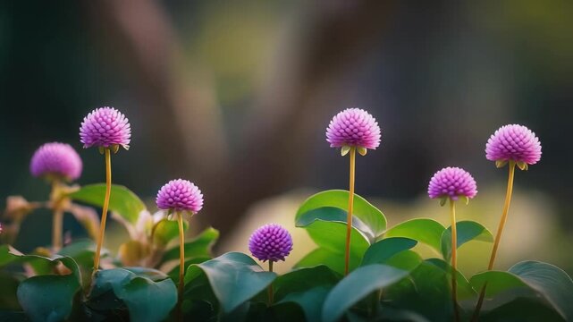 Pink globe amaranth flowers on slender stems above green leaves in a garden.