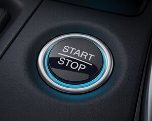 Car start stop button with blue light, engine ignition switch for vehicle dashboard, modern automotive control
