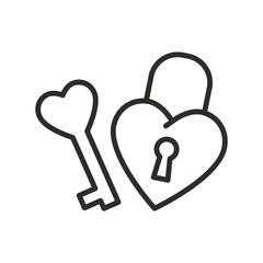 Key to the heart icon, heart-shaped lock, element for Valentine's Day concept, lovers emotions, line art web symbol, vector illustration