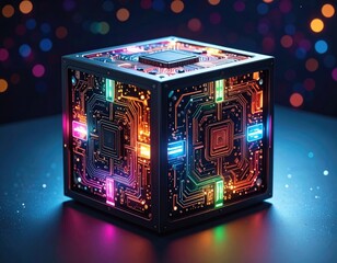 Circuit cube glows with colorful electronic pathways