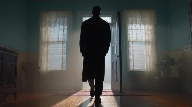 A silhouette of a person in a long coat stands in a doorway, backlit, casting a long shadow across a dusty wooden floor.