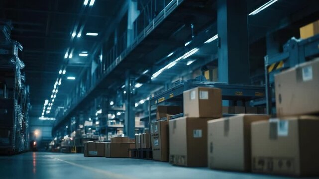 A dim, blue-lit warehouse aisle with cardboard boxes stacked on the floor and along tall shelves.