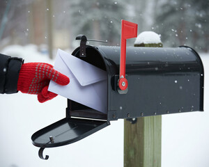 Hand putting letter in mailbox on snowy day, winter mail delivery