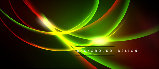 Dynamic abstract lines create vibrant energy. Green, red, yellow hues blend into dark background. Modern design element.