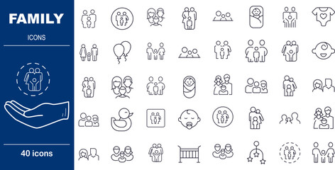 40 Line Style Family Icons Parenting, Relationships and Home Life Symbols