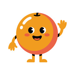 Cute cartoon orange fruit character with a smiling face and waving hand gesture