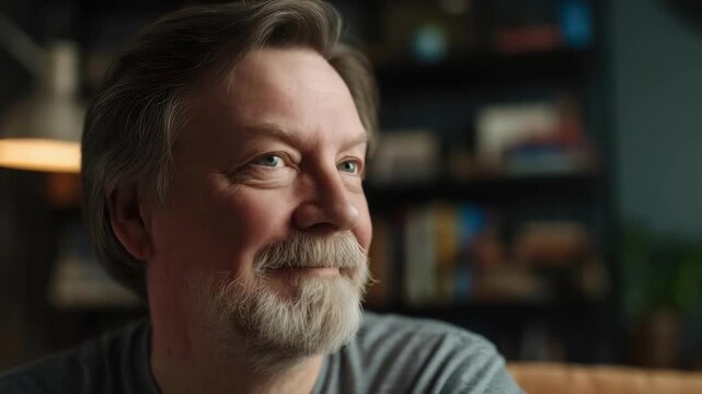 A thoughtful middle-aged man with gray hair and a beard gazes to the side in a cozy room with bookshelves.