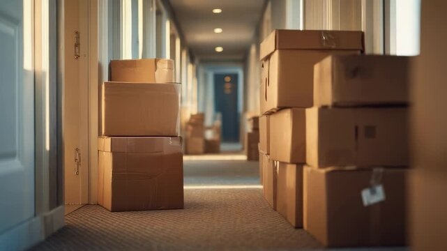 A long hallway cluttered with stacked cardboard moving boxes along the walls, illuminated by warm overhead lights.