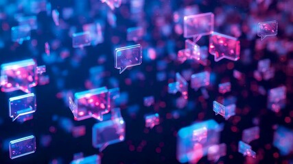 Floating digital data blocks glowing in blue and magenta tones forming a dense information network with depth motion and modern tech atmosphere - Powered by Adobe