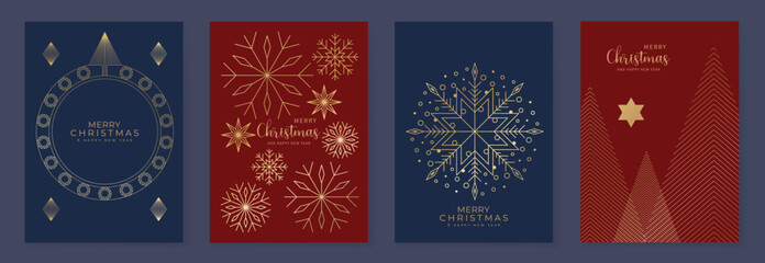 Merry Christmas and Happy New Year vector greeting card set with gold line art snowflakes and abstract holiday elements on red and navy background. Luxury elegant design for invitations and packaging.