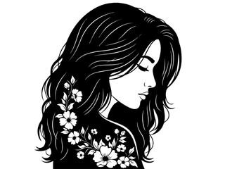 Elegant black and white illustration of a woman's profile with flowing hair and delicate floral accents.