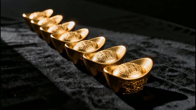 Traditional Chinese Gold Ingots Lined Up on Black Velvet Surface Dramatic Lighting