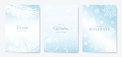 Obraz na płótnie Canvas Winter and Happy holiday greeting card vector set. Elegant wallpaper with pine leaves, pinecone, snowflake. Holidays design illustration for cover, print, poster, Happy New Year, ads. 