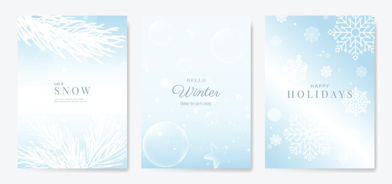Fototapeta Winter and Happy holiday greeting card vector set. Elegant wallpaper with pine leaves, pinecone, snowflake. Holidays design illustration for cover, print, poster, Happy New Year, ads. 