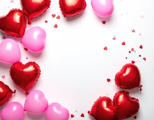 Heart balloons, confetti on white, frame a blank space