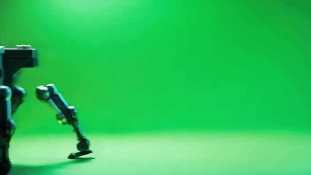 A four-legged robot dog with a camera module on its back, standing on a green screen.