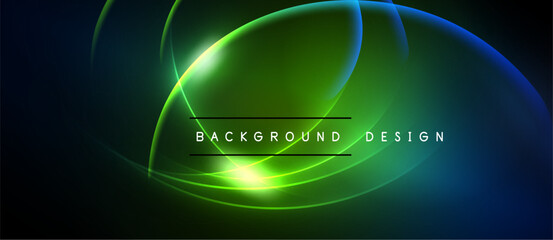Abstract neon lines create glowing circular shapes. Dark background emphasizes bright green, blue hues. Text reads background design.