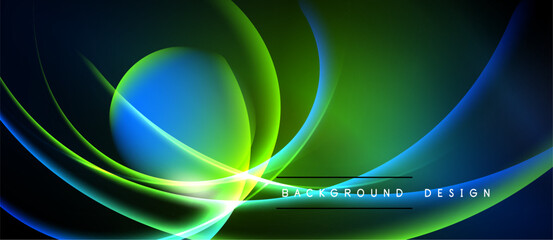 Abstract vibrant curves, flowing shapes. Blue, green hues dominate dark background. Modern design element, energetic feel.