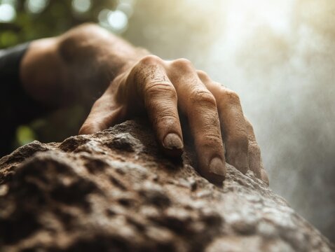 Hand grasping a rock during an outdoor climbing activity in natural sunlight near trees - Powered by Adobe