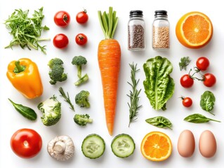 Fresh vegetables and fruits arranged on a white background for healthy cooking and meal preparation