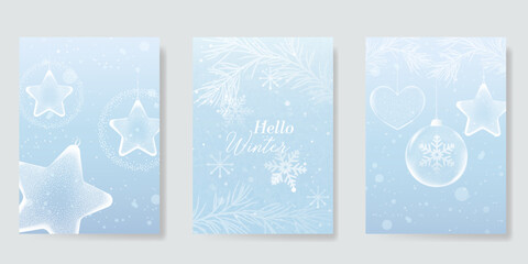 Fototapeta na wymiar Winter and Happy holiday greeting card vector set. Elegant wallpaper with pine leaves, pinecone, snowflake. Holidays design illustration for cover, print, poster, Happy New Year, ads. 