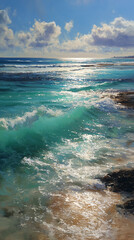 Sunlit Waves on Tropical Shoreline Pastel Sky