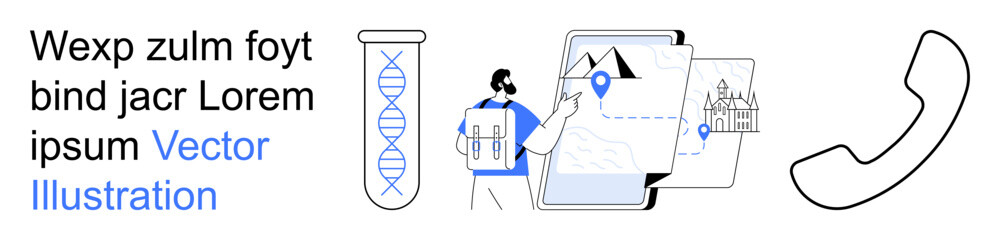 Biotechnology, digital navigation, communication, science education, location services, genetic mapping. Visuals include DNA strand, person with maps and a phone icon. Biotechnology and digital