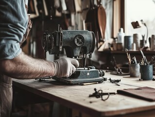 Craftsman at work in a workshop fixing a vintage sewing machine during daylight hours